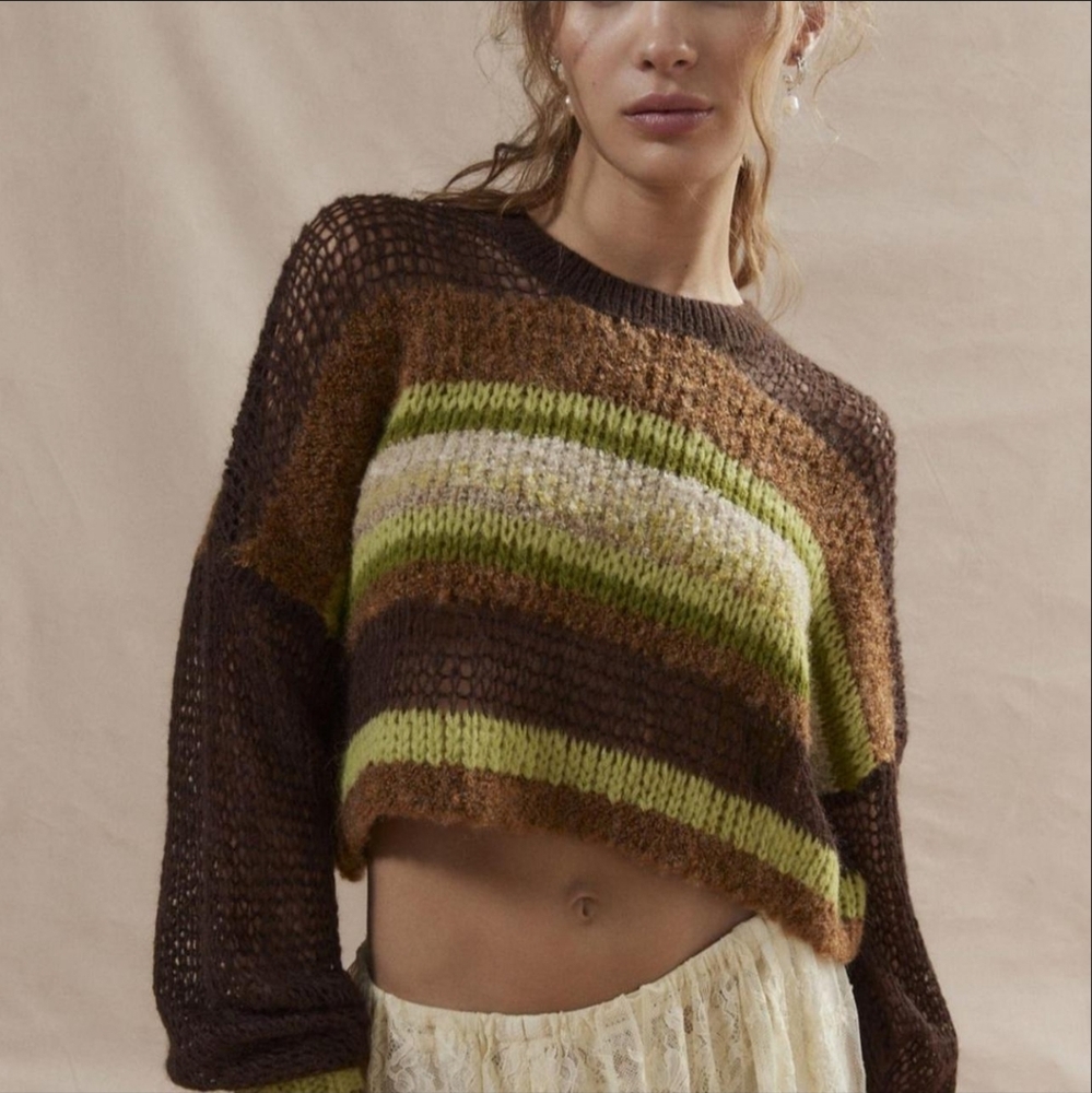 Crochet brown and green stripe sweater.